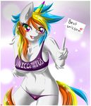  &lt;3 abstract_background anthro anthrofied breasts clothing english_text equine female friendship_is_magic fur hair horn knifeh looking_at_viewer mammal multi-colored_hair my_little_pony open_mouth original_character smile solo standing text tongue underwear unicorn v_sign white_fur 