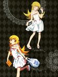  absurdres bag bangle blonde_hair blush_stickers bracelet dress dual_persona highres jewelry long_hair long_legs monogatari_(series) mouth_hold multiple_views official_art one_eye_closed oshino_shinobu pointy_ears product_placement sandals scan skirt_hold sugiyama_nobuhiro sundress watanabe_akio white_dress yellow_eyes 