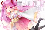  2014 artist_name detached_sleeves earrings hair_ribbon happy_new_year haru_miku hatsune_miku high_heels jewelry long_hair new_year open_mouth pink_eyes pink_hair ribbon shirogane_rai skirt solo thighhighs twintails very_long_hair vocaloid 