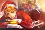  bad_id bad_pixiv_id black_sclera blonde_hair blue_eyes bow christmas gift giorno_giovanna gloves hat higurehiiro jojo_no_kimyou_na_bouken male_focus santa_hat solo stuffed_animal stuffed_toy teddy_bear white_gloves 