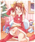  ahoge alternate_costume bare_shoulders belt boots bow box brown_hair christmas christmas_tree e20 elbow_gloves gift gift_box gloves hair_bow hair_ribbon kagerou_(kantai_collection) kantai_collection knee_boots midriff one_eye_closed open_mouth panties pantyshot plant potted_plant purple_eyes red_footwear red_gloves ribbon santa_costume skirt solo tears twintails underwear upskirt wavy_mouth 