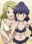  akatsuki_(log_horizon) awa bare_shoulders bikini blonde_hair blush breasts brown_eyes cleavage clenched_teeth flat_chest frilled_bikini frills large_breasts log_horizon long_hair marielle_(log_horizon) multiple_girls navel one_eye_closed pointy_ears ponytail purple_eyes purple_hair smile swimsuit teeth 