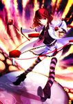  bow cloud cross denden_daiko drum drumsticks edogawa_kenpi hair_bow horikawa_raiko instrument jacket mitsudomoe_(shape) necktie purple_neckwear rattle_drum red_eyes red_hair ribbon short_hair skirt smile solo striped striped_legwear thighhighs tomoe_(symbol) touhou 