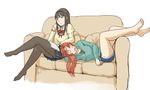  akemi_homura arm_around_waist bangs barefoot black_bow black_eyes black_hair book_on_lap bow chin_rest closed_eyes couch crossed_legs cushion cutoff_jeans cutoffs denim denim_shorts feet hair_bow hairband hood hoodie juliet_sleeves legs long_hair long_sleeves lying mahou_shoujo_madoka_magica multiple_girls no_shoes on_back open_mouth pantyhose plaid plaid_skirt pleated_skirt puffy_sleeves reading red_bow red_hair sakura_kyouko school_uniform shorts simple_background sitting skirt sleeping uruo white_background 