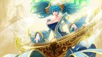 blue_hair breasts cleavage goomrrat gradient_hair highres instrument large_breasts league_of_legends long_hair multicolored_hair solo sona_buvelle 