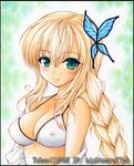  aqua_eyes artist_name bare_shoulders bikini bikini_top blonde_hair blush boku_wa_tomodachi_ga_sukunai braid breasts butterfly_hair_ornament cleavage covered_nipples hair_ornament kashiwazaki_sena large_breasts long_hair nightmare77zx single_braid smile solo swimsuit traditional_media undressing 