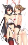  animal_ears ass backless_outfit black_hair blush breast_press breasts brown_hair bunny_ears bunny_girl bunny_tail bunnysuit chain cleavage fake_animal_ears green_eyes hattori_masaki highres kantai_collection large_breasts leotard multiple_girls mutsu_(kantai_collection) nagato_(kantai_collection) red_eyes symmetrical_docking tail thighhighs thong_leotard 