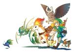  &gt;_&lt; :3 bird blonde_hair blue_eyes closed_eyes crossover eevee fennekin fiery_tail finni_chang gen_1_pokemon gen_2_pokemon gen_6_pokemon gloves hat horse link noctowl oddish plant pointy_ears pokemon pokemon_(creature) ponyta red_eyes running saddle scyther smile tail the_legend_of_zelda the_legend_of_zelda:_skyward_sword 