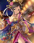  alternate_hairstyle artist_request black_hair detached_sleeves idolmaster idolmaster_cinderella_girls japanese_clothes jewelry kimono momoi_azuki necklace official_art orange_eyes ring smile 