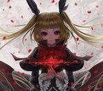  bangs bat_wings blazblue blonde_hair bow flower frilled_sleeves frills full_moon highres kayi large_bow long_hair low_wings moon petals rachel_alucard red_bow red_eyes rose rose_petals solo twintails upper_body very_long_hair wings 