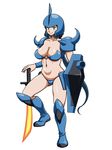  armor artist_request bikini bikini_armor blue_bikini blue_hair blush boots breasts cleavage full_body gouf gouf_lady green_eyes gundam gundam_build_fighters gundam_msv highres iori_rinko large_breasts long_hair looking_at_viewer mature mecha_musume navel o-ring o-ring_top ponytail shield shiny shiny_skin simple_background smile solo spikes swimsuit sword weapon 
