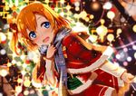  blue_eyes blush bow breath brown_hair capelet christmas_lights christmas_ornaments christmas_tree fur_trim gochou_(atemonai_heya) hair_bow kousaka_honoka love_live! love_live!_school_idol_project one_side_up open_mouth ornament plaid plaid_bow revision scarf short_hair smile snow solo 