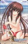  beach bikini bikini_top_removed breast_hold breasts brown_hair cameltoe cat covering covering_breasts day little_busters! long_hair na-ga natsume_rin navel ocean outdoors ponytail red_eyes sky small_breasts solo swimsuit topless very_long_hair water 