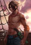  2013 black_hair buckle dated elbow_pads jewelry knife male_focus navel necklace nipples one_piece ping_(caoyanping198793) portgas_d_ace sheath sheathed ship shirtless signature solo tattoo watercraft 