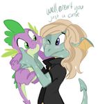  blonde_hair blue_eyes briskby clothing colored corey_powell dragon duo female friendship_is_magic green_eyes hair male my_little_pony original_character scalie shirt spike_(mlp) 