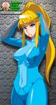  absurdres adjusting_hair blonde_hair blue_eyes bodysuit breasts cameltoe earrings food fruit happy_new_year highres jewelry kagami_mochi large_breasts long_hair mandarin_orange metroid metroid_(creature) mittu02 mouth_hold new_year ponytail samus_aran solo zero_suit 