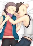  2boys bed bed_sheet blush brown_hair character_request child eyes_closed fudou_akio henmi_wataru inazuma_eleven inazuma_eleven_(series) indoors long_hair male male_focus mohawk multiple_boys open_mouth pants scarf shirt short_hair sleeping sleeveless sleeveless_shirt vest xverx 