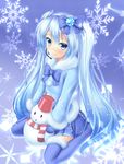 blue_eyes blue_hair hatsune_miku headset highres long_hair mittens scarf sitting skirt smile snowflakes snowman solo thighhighs tsuboyarou twintails very_long_hair vocaloid wariza yuki_miku 