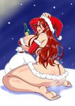  1girl ass bag bare_shoulders bottle bra breast_hold breasts christmas detached_sleeves dragon&#039;s_crown dragon's_crown female hat highres huge_breasts lips long_hair makkuro_rokusuke micro_panties night open_mouth panties red_bra red_eyes red_hair red_panties santa_hat snow snowing soles solo sorceress_(dragon&#039;s_crown) sorceress_(dragon's_crown) string_panties toes underwear 