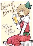  alcohol beer beerko bow brown_eyes brown_hair cup dra hair_bow original sitting translation_request 
