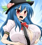  :d @_@ blue_hair blush breast_lift breasts bursting_breasts cleavage food fruit hat hinanawi_tenshi huge_breasts long_hair open_mouth oro_(zetsubou_girl) paizuri_invitation peach red_eyes smile solo sweat touhou v-shaped_eyebrows 