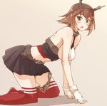  all_fours blush breasts brown_eyes brown_hair chain e20 gloves hairband kantai_collection large_breasts midriff miniskirt mutsu_(kantai_collection) navel no_shoes open_mouth red_legwear short_hair skirt solo white_gloves 