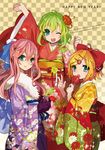  ;d blonde_hair blush bow checkered checkered_background gloves green_eyes green_hair gumi hair_bow hair_ornament happy_new_year japanese_clothes kagamine_rin kimono long_hair looking_at_viewer megurine_luka multiple_girls musou_yuchi new_year one_eye_closed open_mouth pink_hair short_hair smile v vocaloid 