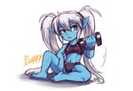  blue_skin league_of_legends long_hair nam_(valckiry) pointy_ears poppy red_eyes solo sports_bra twintails weights white_hair yordle 