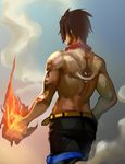  back_tattoo black_hair fire from_behind hand_on_hip jewelry jolly_roger male_focus necklace one_piece ping_(caoyanping198793) portgas_d_ace shirtless solo tattoo whitebeard_pirates 