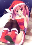  black_legwear blush boots breasts cold hair_ornament hat highres large_breasts long_hair looking_at_viewer megarisu open_mouth original pink_hair red_eyes sack santa_costume santa_hat sitting solo thighhighs trembling 