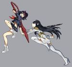  black_hair boots cakeoflime dress epaulettes highres junketsu kill_la_kill kiryuuin_satsuki long_hair matoi_ryuuko multicolored_hair multiple_girls school_uniform scissor_blade senketsu serafuku shoes short_hair skirt sneakers streaked_hair suspenders sword thigh_boots thighhighs weapon 