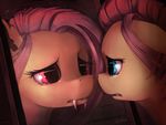  bat_pony blue_eyes equine fangs female feral flutterbat_(mlp) fluttershy_(mlp) friendship_is_magic fur gsphere hair hi_res horse looking_at_mirror mammal mirror my_little_pony pink_hair pony red_eyes reflection solo tears upset yellow_fur 