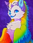  ambiguous_gender avian bird blue_eyes canine chest_tuft eyes_closed falvie feral fur mammal parrot purple_background rainbow smile solo tuft white_fur wings wolf 