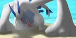  blue_eyes erection horny larus legendary_pok&#233;mon looking_at_viewer lugia male nintendo nude penis pink_penis pok&#233;mon pok&eacute;mon sand scalie sea seaside sky solo sunlight tapering_penis thick_tail tongue tongue_out video_games water 