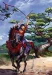  archery arrow artist_name black_hair blue_eyes bow bow_(weapon) cloud dated day drawing_bow hair_bow hakama hako_(mypixid) highres holding holding_arrow holding_bow_(weapon) holding_weapon horse horseback_riding igote japanese_clothes kyuudou long_hair original purple_hakama riding sky solo tree water weapon 