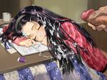  black_hair blush bukkake censored closed_eyes cum cum_on_body cum_on_clothes cum_on_hair cum_on_upper_body cup dokiyuri eraser facial hairband highres kotatsu long_hair mechanical_pencil mug notebook open_mouth original pencil penis sitting sleep_molestation sleeping solo_focus table 