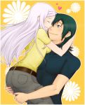  1boy 1girl allelujah_haptism belt black_shirt carrying couple eyes_closed floating_hair green_hair grey_eyes grey_pants gundam gundam_00 hair_between_eyes heart long_hair pants shirt short_sleeves silver_hair smile soma_peries taakomaru very_long_hair yellow_background yellow_shirt 