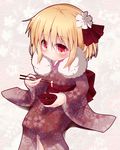  alternate_costume blonde_hair bowl chopsticks eating floral_print flower food food_on_head hair_flower hair_ornament hair_ribbon japanese_clothes kimono long_sleeves looking_at_viewer object_on_head razy_(skuroko) red_eyes ribbon rumia sash sitting smile solo touhou wide_sleeves 