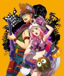  1boy 1girl 2018 :d animal_ears arm_belt armpits blue-tinted_eyewear blue_pants breasts brown_hair cleavage crop_top dated fangs floating_hair fur-trimmed_skirt glasses gloves green_eyes guvava halloween halloween_costume highres holding holding_instrument instrument kutsuno long_hair macross macross_7 miniskirt mylene_jenius nekki_basara open_mouth pants paw_gloves paws pink_hair pumpkin purple_gloves purple_skirt signature skirt sleeveless small_breasts smile very_long_hair yellow_background yellow_eyes 