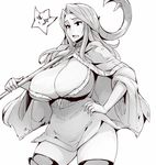 breasts cape cleavage cowboy_shot greyscale hand_on_hip huge_breasts long_hair md5_mismatch monochrome sherri_phoraena simple_background star tactics_ogre thick_thighs thighhighs thighs white_background zako_(arvinry) 