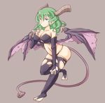  1girl aqua_eyes breasts cleavage demon_girl green_hair gunjima_souichirou horns large_breasts pointy_ears simple_background solo succubus tail torn_clothes wings 