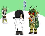  armor belt black_hair crossed_arms earrings jewelry kamen_rider kamen_rider_gaim_(series) kamen_rider_shin kamen_rider_zangetsu_shin labcoat mask multicolored_hair multiple_boys open_mouth redol sengoku_ryouma shin_kamen_rider_prologue streaked_hair translation_request white_hair 