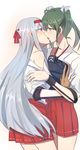  aoki_shizumi bad_id bad_pixiv_id bare_shoulders blush brown_eyes gloves hairband japanese_clothes kantai_collection kiss long_hair multiple_girls muneate partly_fingerless_gloves shoukaku_(kantai_collection) silver_hair skirt sweatdrop twintails undressing yugake yuri zuikaku_(kantai_collection) 