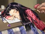  black_hair blush censored closed_eyes cup dokiyuri eraser hairband highres kotatsu long_hair masturbation mechanical_pencil mug notebook open_mouth original pencil penis sitting sleep_molestation sleeping solo_focus table 