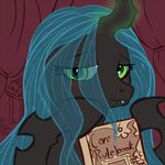  blush board_game cat_eyes changeling fangs female friendship_is_magic glowing green_eyes green_hair hair horn looking_at_viewer magic my_little_pony queen_chrysalis_(mlp) slit_pupils solo table zoomerboomerz 