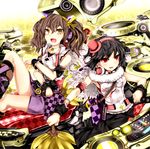  album_cover arm_strap belt black_hair boots brown_hair camera cover fan hair_ribbon hat headphones headphones_around_neck himekaidou_hatate kazetto leg_ribbon mini_hat mini_top_hat mixing_console multiple_girls open_mouth red_eyes ribbon shameimaru_aya shirt sitting skirt sleeveless sleeveless_shirt smile top_hat touhou twintails wrist_cuffs yellow_eyes 