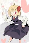  ahoge blonde_hair bow hair_bow hand_on_hip heart heart-shaped_pupils one_eye_closed pointing red_eyes rumia solo symbol-shaped_pupils touhou yabu_q 