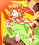  brown_eyes brown_hair futatsuiwa_mamizou futatsuiwa_mamizou_(human) glasses haori japanese_clothes kiseru knife kotobuki_(stealth_sendan) leaf leaf_on_head mouth_hold pipe raccoon_tail scarf sheath smile smoke tail touhou unsheathing 