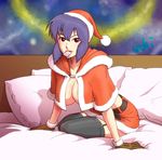  breasts cleavage condom condom_in_mouth garter_straps ghost_in_the_shell gloves hat jacket kusanagi_motoko large_breasts looking_at_viewer mouth_hold no_bra open_clothes open_jacket pillow purple_hair red_eyes santa_costume santa_hat solo thighhighs uchiyan-uchizum 