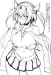  akanagi blush breast_squeeze breasts glasses greyscale headgear kantai_collection large_breasts long_hair looking_at_viewer miniskirt monochrome musashi_(kantai_collection) navel open_mouth pointy_hair sketch skirt solo translation_request two_side_up 